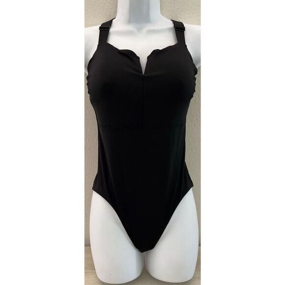 Athleta Square Neck V 1-Piece Swimsuit Underwire Bra Sz 38 D/DD Black XLarge - Picture 1 of 14